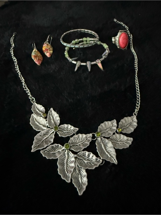 Jewelry - Wild Grace Curated Botanical 5 Piece Jewelry Set Silver Leaves Imperial Jasper